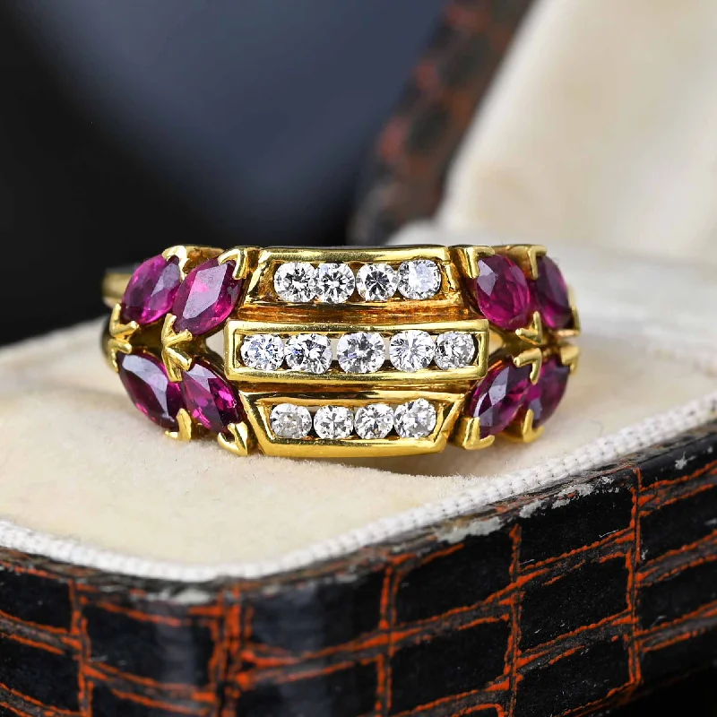 simple engagement rings for women -18K Gold Three Row Diamond Marquise Ruby Ring, 1940s