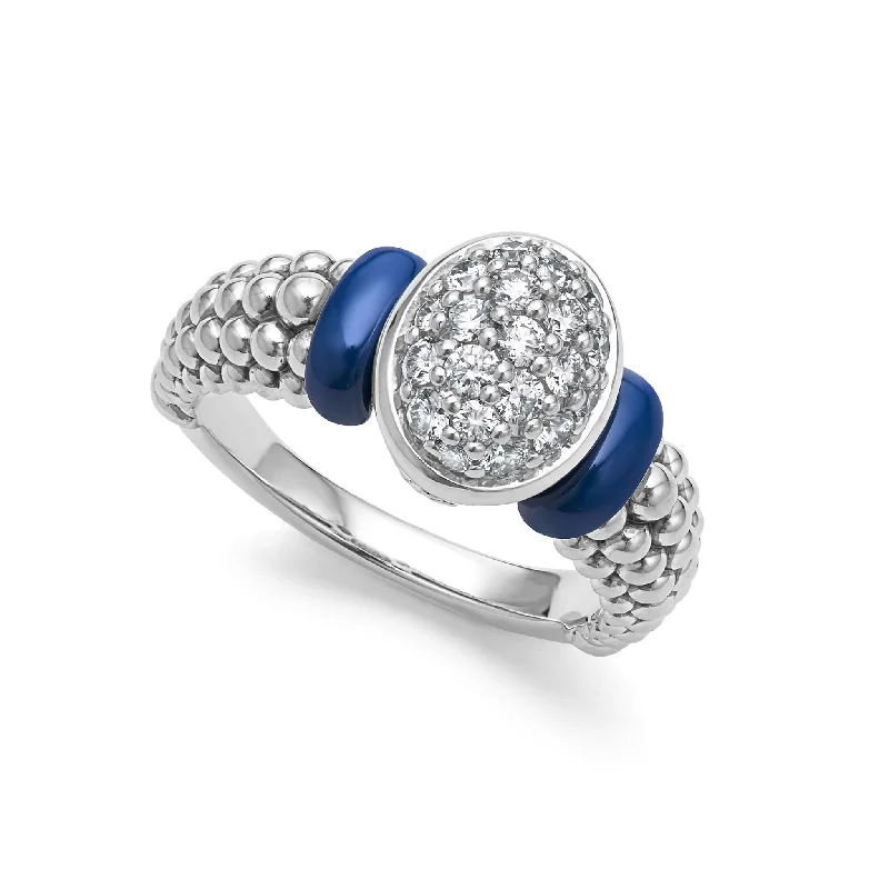 minimalist gold engagement rings for women -Blue Caviar Ultramarine Oval Ceramic Caviar Diamond Ring