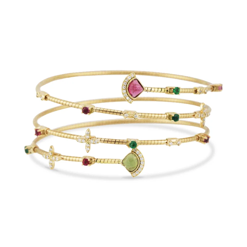 wedding set bracelets for women -Multicolor Gemstone & Diamond 3 Row Symphony Bracelet In 18K Yellow Gold