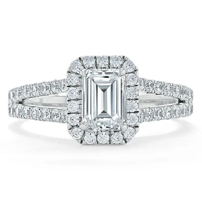 whimsical engagement rings for women -Emerald Cut Moissanite Engagement Ring, Classic Halo with Split Shank