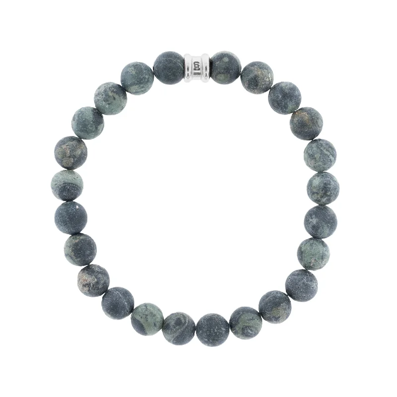 silver bangle bracelets for women -Stainless Steel & Matte Kambaba Jasper Beaded Bracelet - "Stones"