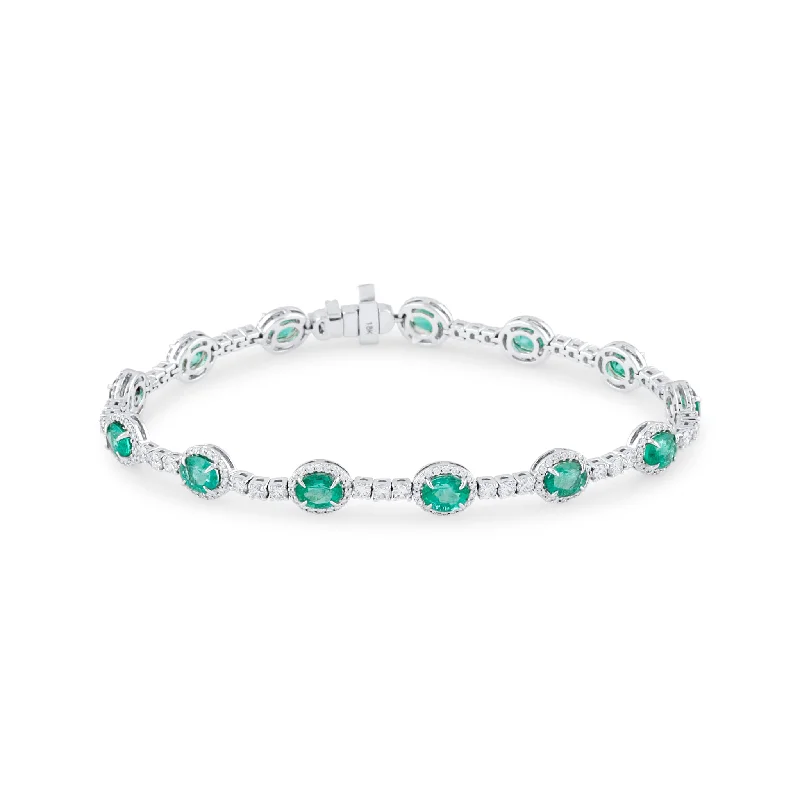 nature-inspired bracelets for women -Emerald Oval & Diamond Bracelet In 18K White Gold