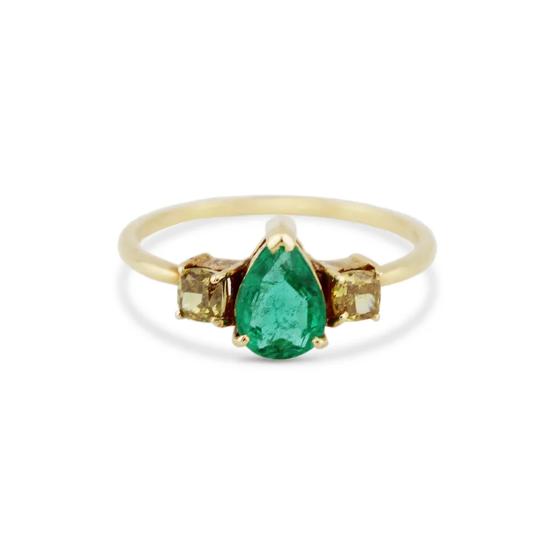 curved band engagement rings for women -Emerald Pear shape & Diamond Square Ring In 18K Yellow Gold