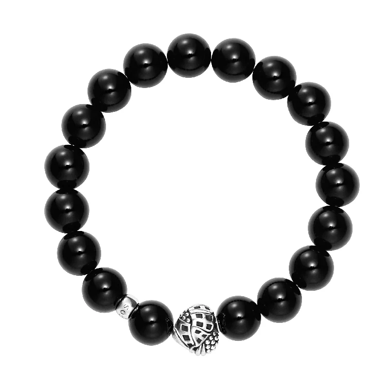 pearl bracelets for women -Keep Memory Alive Black Agate Silver Station Bead Bracelet