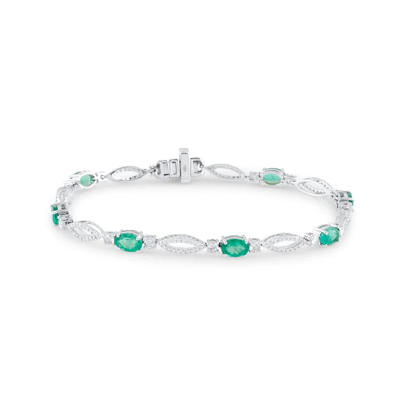 rope chain bracelets for women -Emerald Oval & Diamond Bracelet In 18K White Gold