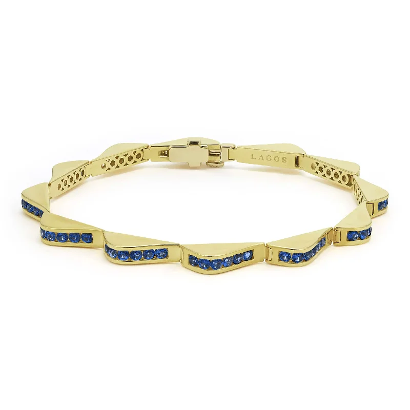 gold diamond bangles for women -Studio 18K Gold Blue Sapphire Link Wave Bracelet