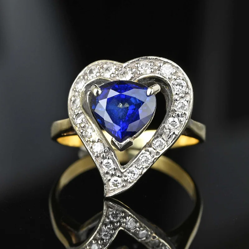 infinity engagement rings for women -Vintage 14K Gold Diamond Halo Witches Heart Sapphire Ring