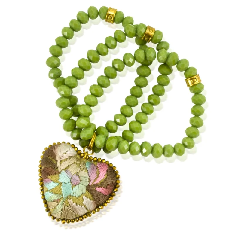 diamond bracelets for women -Moss GreenCrystal Beads and Embroidered Heart Stretch Bracelet