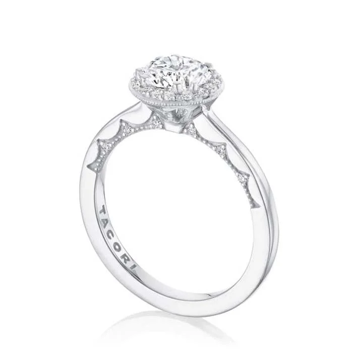 heart shaped engagement rings for women -Tacori .15TW Coastal Crescent Round Halo Engagement Ring Semi-Mounting in 14K White Gold