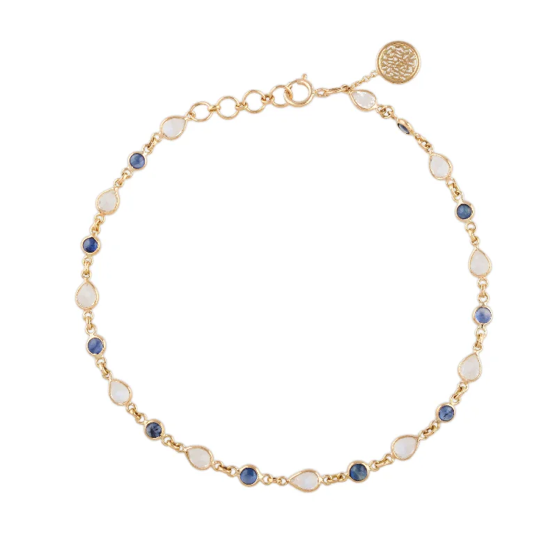 leather wrap bracelets for women -Blue Sapphire Round & Rainbow Moonstone Pear Shape Link to Link Bracelet In 18K Yellow Gold