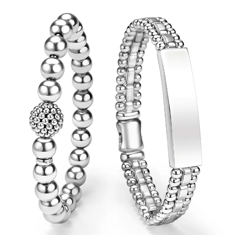 chunky bracelets for women -Signature Caviar Silver Stretch and ID Link Bracelet Gift Set