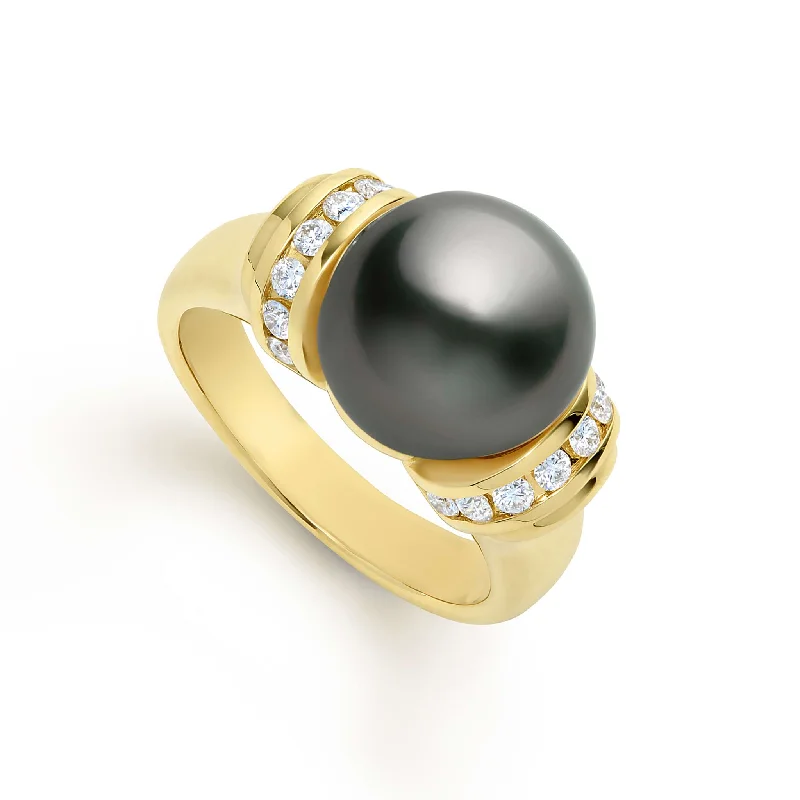 curved band engagement rings for women -Studio 18K Gold Tahitian Black Pearl and Diamond Ring