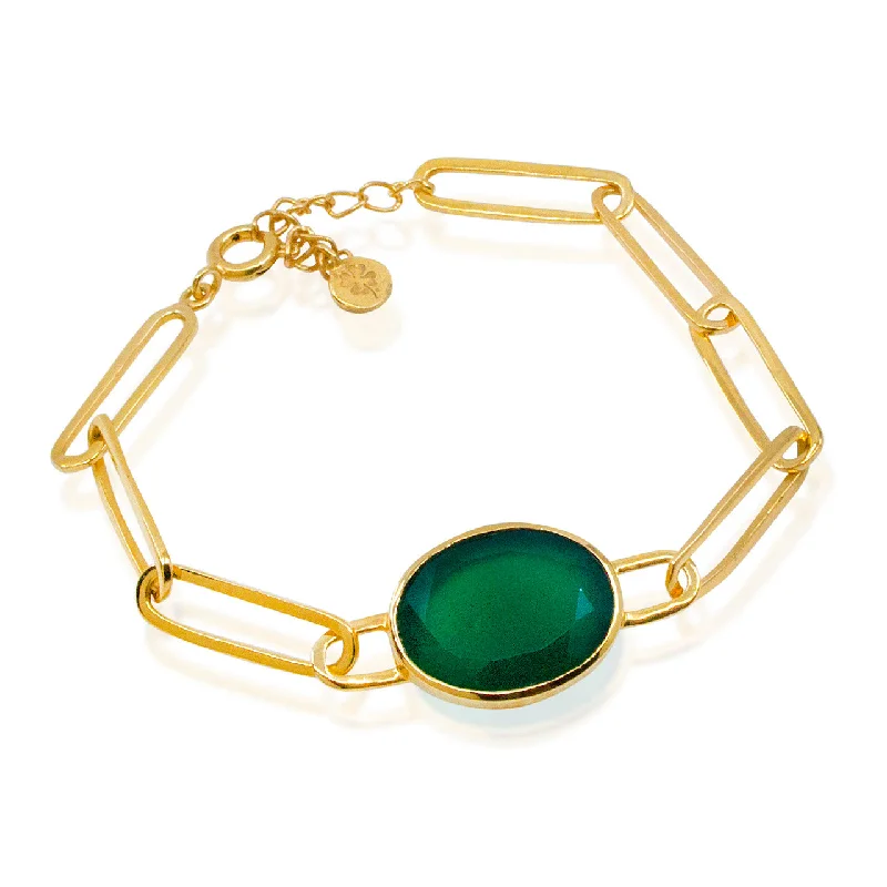 coral bracelets for women -Gold "Green Onyx" Chain Bracelet from France