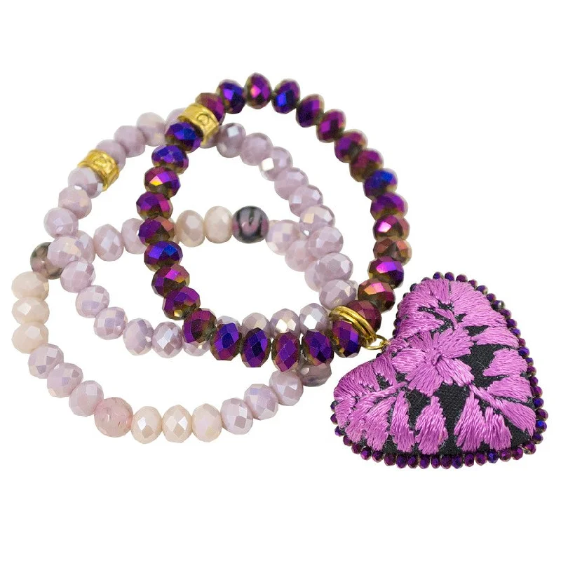 vintage-inspired bracelets for women -Stone Beads and Embroidered Heart Stretch Bracelet