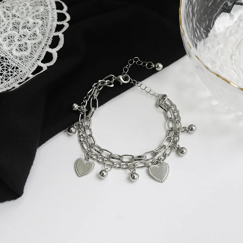 [E252] Double-Layer Heart-Shaped Bracelet Steel Color