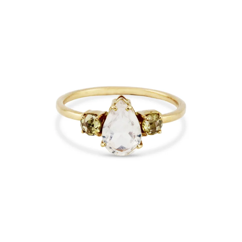 dainty engagement rings for women -Rainbow Moonstone Pear Shape And Diamond Ring In 18K Yellow Gold