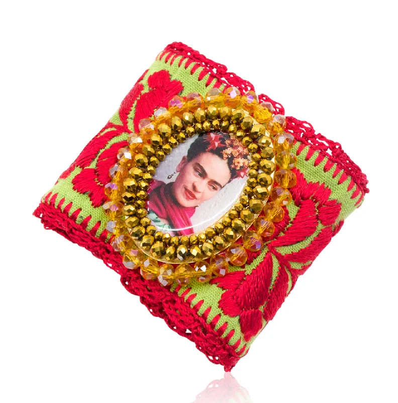 gold diamond bangles for women -Red Embroidered Frida Kahlo Image Mexican Cuff Bracelet