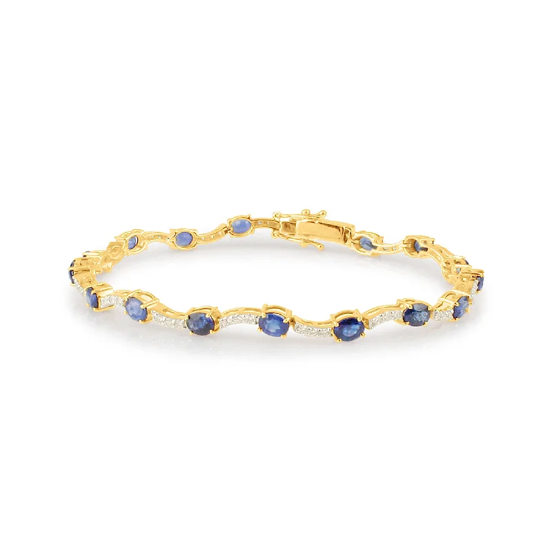 wedding bracelets for women -Blue Sapphire Oval & Diamond Rd. Bracelet In 18K Yellow Gold