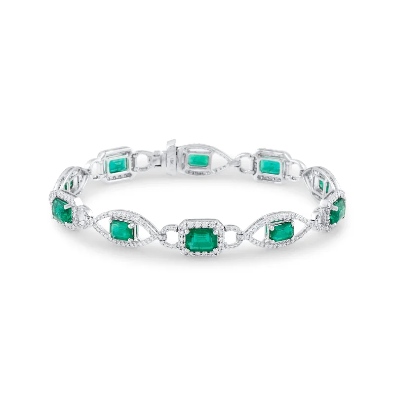 open-ended bangles for women -Emerald Rect. & Diamond Bracelet In 18K White Gold