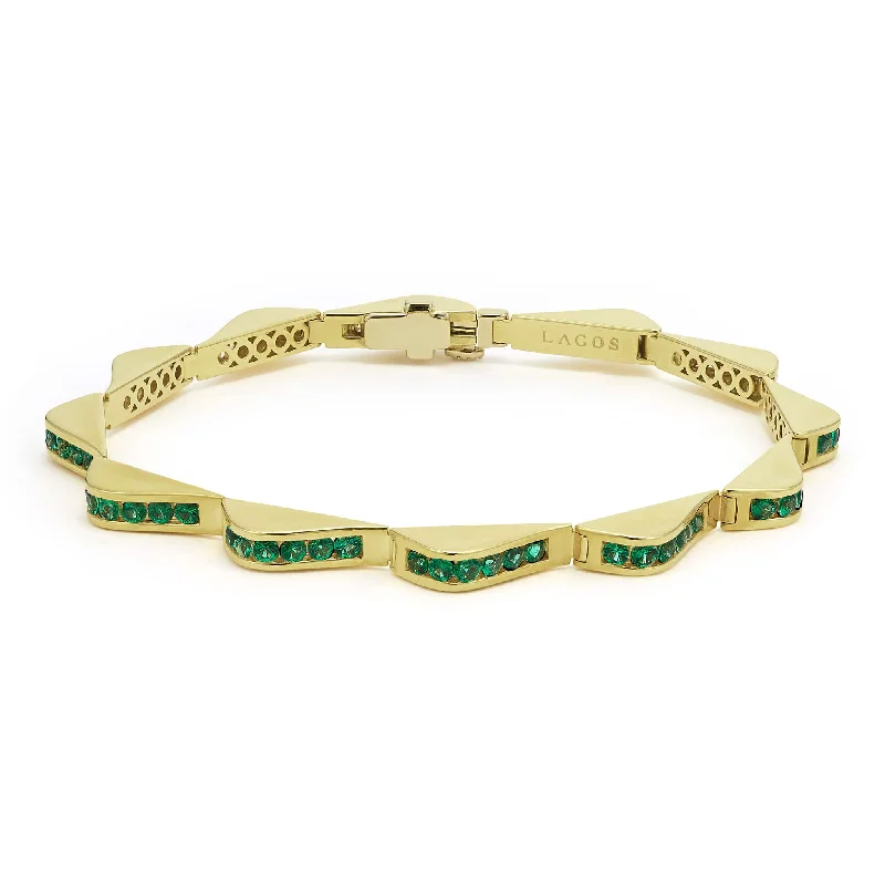 stretch bracelets for women -Studio 18K Gold Emerald Link Wave Bracelet