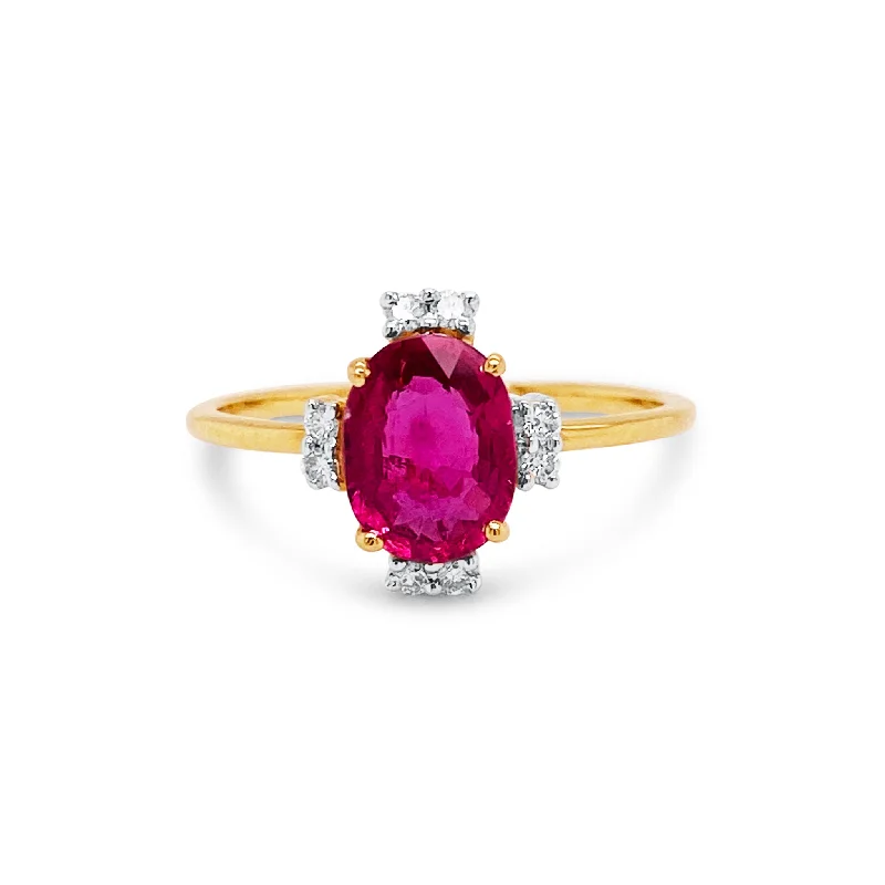 two tone engagement rings for women -Ruby Oval And Diamond Ring In 18K Yellow Gold