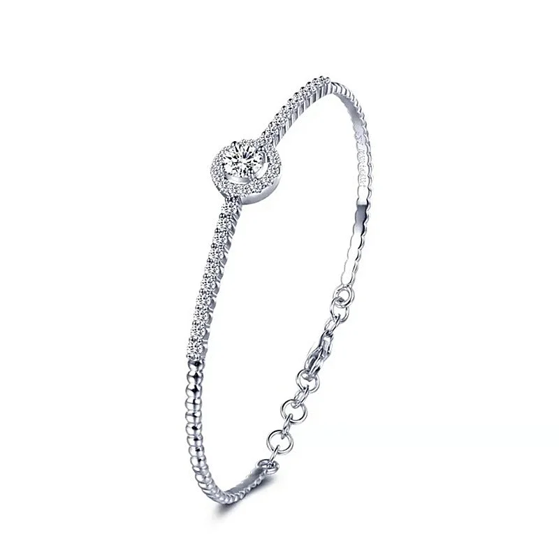 luxury bracelets for women -1 Carat Moissanite Halo Center Bangle Bracelet with Side Moissanites in Platinum Overlay Silver