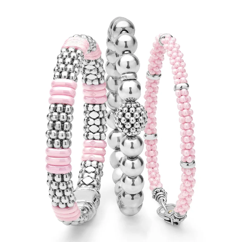 bridal bracelets for women -Pink Ceramic and Sterling Silver Caviar Beaded Bracelet Gift Set