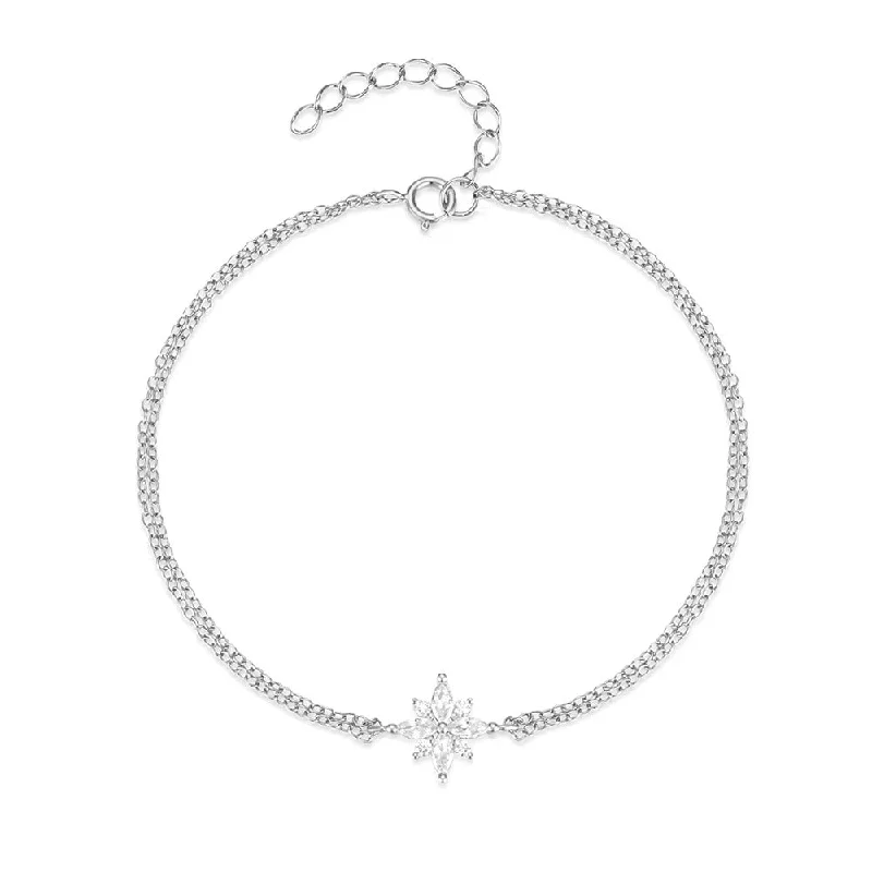 pearl bracelets for women -Playa  Double Chain Crystal Flower Silver	Bracelet