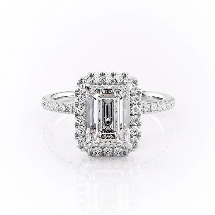 round engagement rings for women -Emerald Cut Moissanite Engagement Ring, Classic Halo