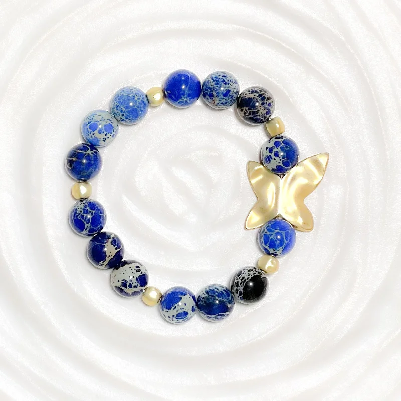 cuff bracelets for women -Ocean blue Jasper and gold butterfly bracelet