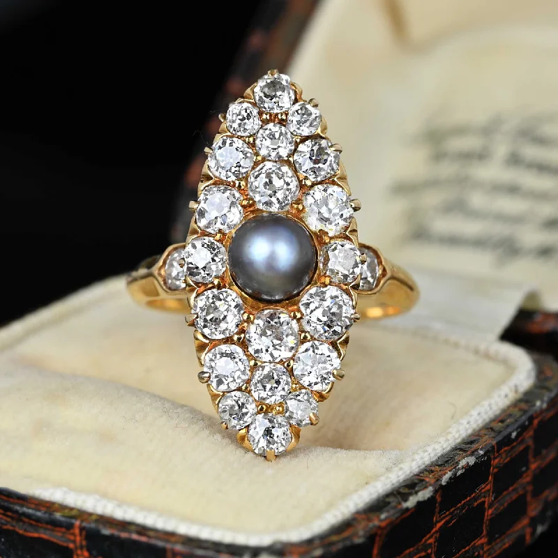 platinum engagement rings for women -Antique Gray Pearl Mine Cut Diamond Navette Ring in Gold