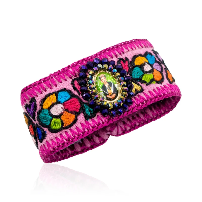 wedding set bracelets for women -Playful Multicolored Embroidered Frida Kahlo Image Mexican Cuff Bracelet