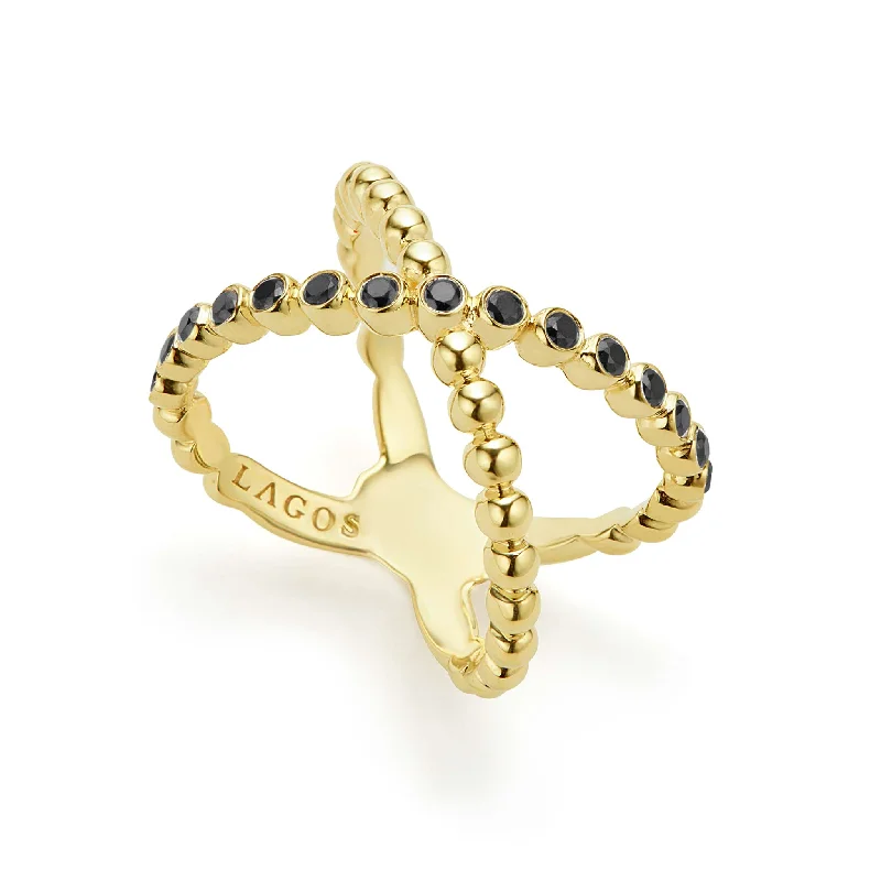 heart shaped engagement rings for women -Caviar Gold 18K Gold X Black Diamond Ring