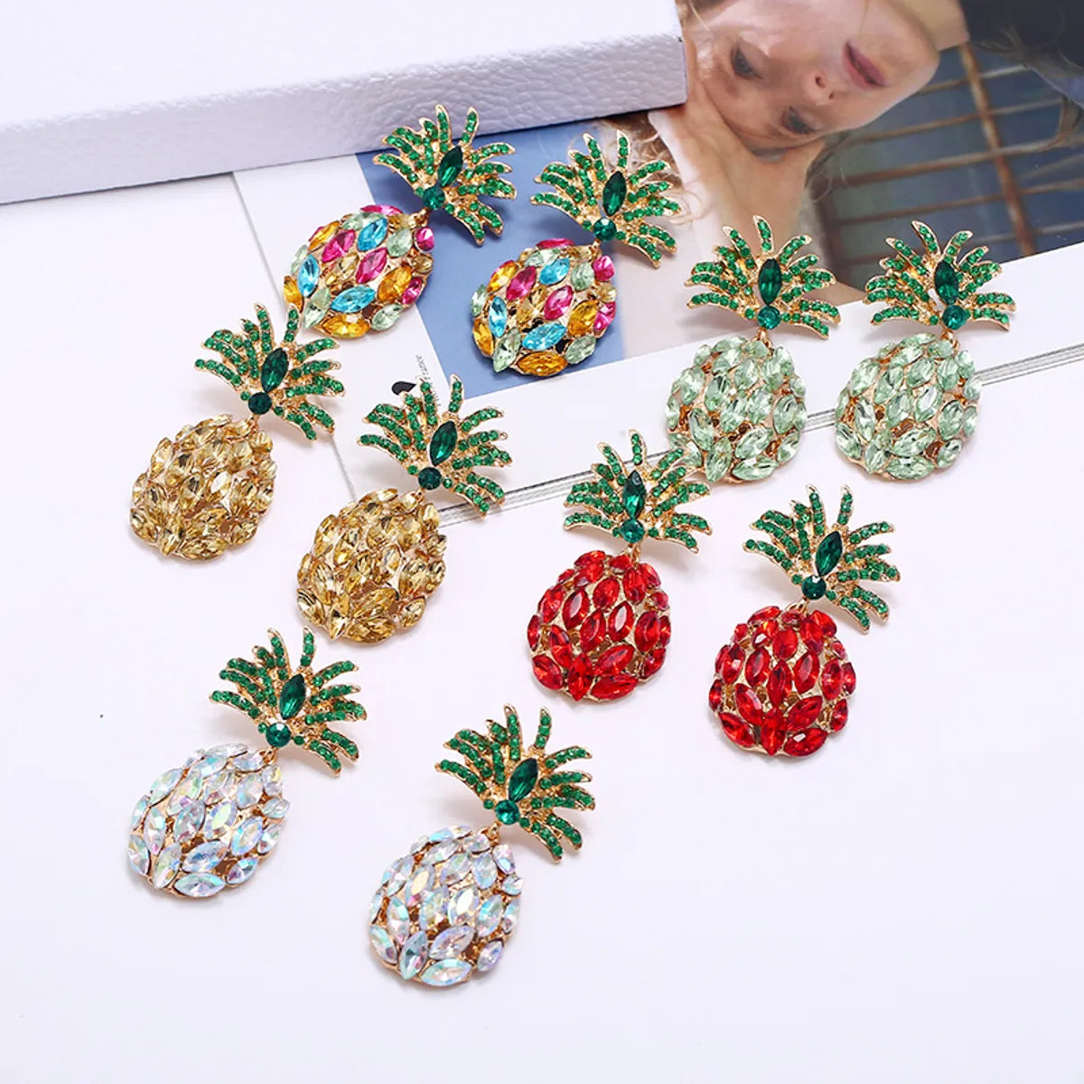 diamond engagement rings for women -Fashion Creative Fruit Pineapple Inlaid Colorful Diamond  Earrings Wholesale