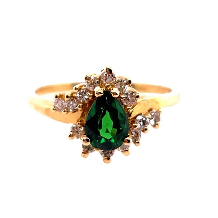 lab grown diamond engagement rings for women -Estate Green Tourmaline and Diamond Ring in 14K Yellow Gold