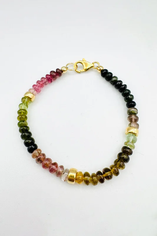 emerald bracelets for women -WATERMELON TOURMALINE SMOOTH BRACELET WITH GOLD BEAD