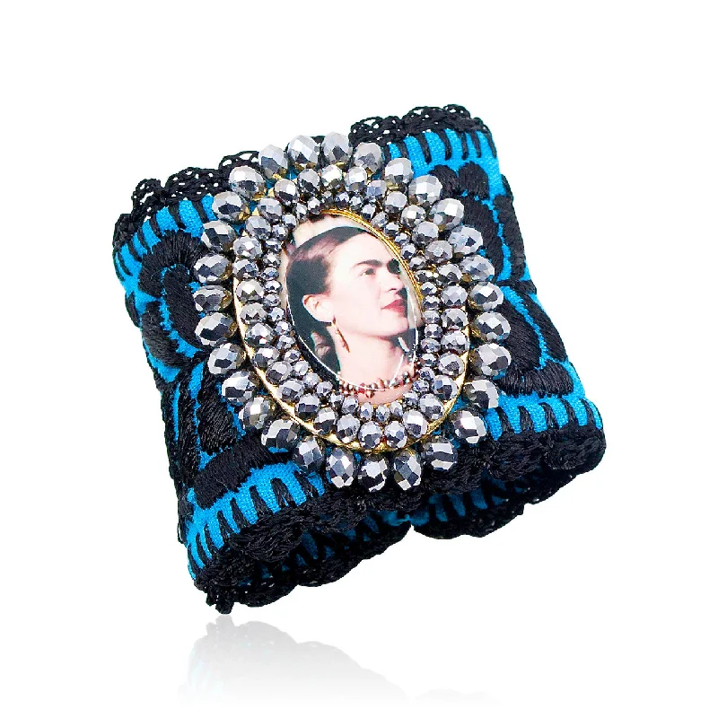 thin stacking bangles for women -Blue Embroidered Frida Kahlo Image Mexican Cuff Bracelet