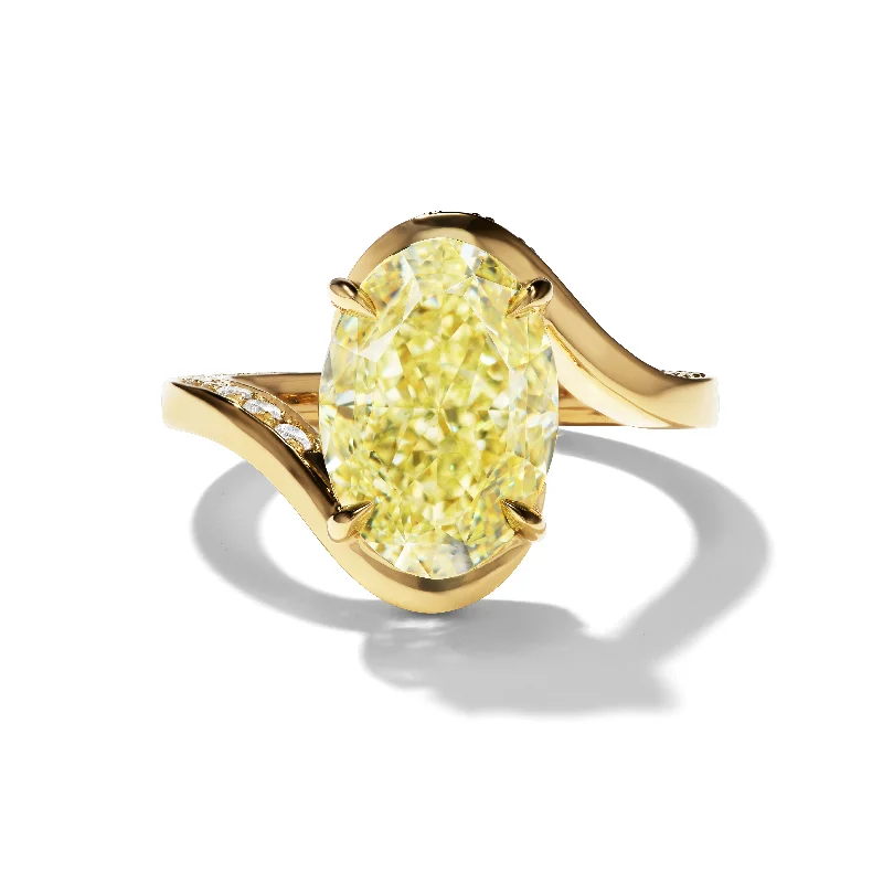 simple engagement rings for women -Yellow Oval Diamond in Wave Setting with Pavé