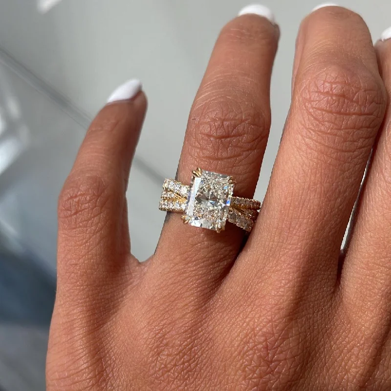 classic engagement rings for women -Radiant Cut Diamond On Three Overlapping Pavé Bands