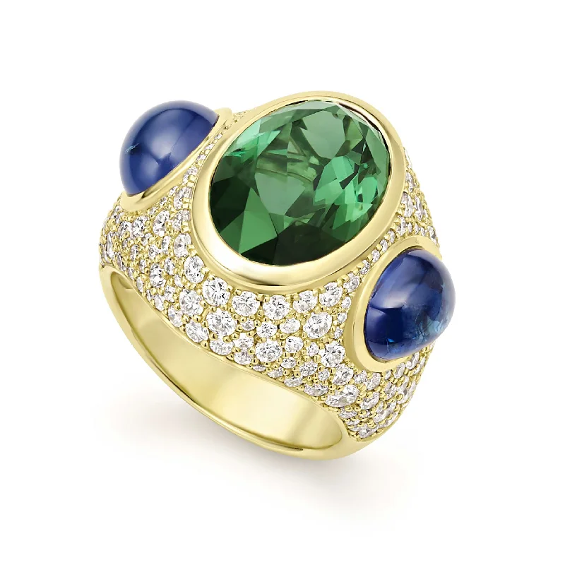 gothic engagement rings for women -Studio 18K Gold Green Tourmaline and Blue Sapphire Diamond Ring