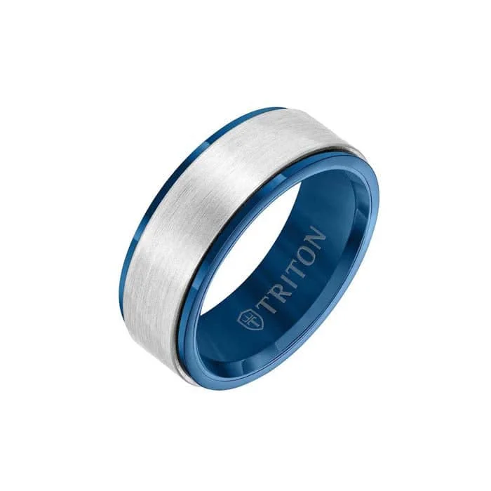 petite engagement rings for women -Triton 8MM Gents Wedding Band in Blue and White Tungsten Carbide